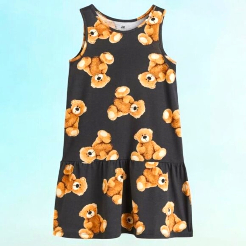 H&M Black Cute Teddies Prints Sleeveless dress 100% Cotton Sting free summer